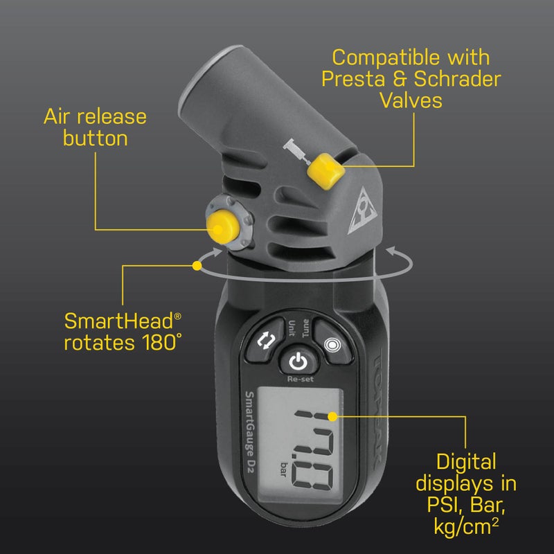 Topeak SmartGauge D2 Digital Tire Pressure Gauge â€“ Presta/Schrader Compatible, 250 Psi/17 Bar, Precision Air Pressure Reader with LCD Display for Bikes, Motorcycles & Sports Equipment - Image 3